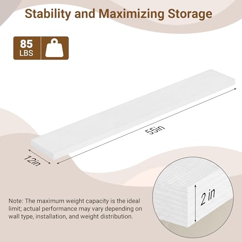 Image of 55 Inch Floating Shelves, 12 Inch Deep Floating Shelves for Wall, Extra Deeper & Thicker Wooden Wall Shelf with Invisible Brackets, Shelf for Bedroom Living Room Home Decor(White, Set of 2)