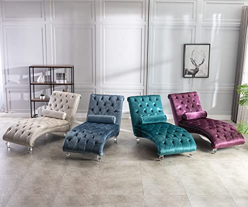 Kinffict Velvet Chaise Lounge Chair With Toss Pillow, Modern Tufted Button Lounge Chair With Acrylic Legs, Upholstered Indoor Sleeper Chair For Living Room, Bedroom, Silver Grey thumb #5
