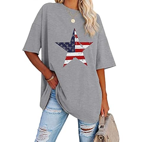 ETATNG Womens Oversized T Shirts Stars Flag Print Half Sleeve Round Neck Casual Pullover Loose Tunic Tops Grey M Cover