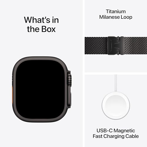 Image of Apple Watch Ultra 3 [GPS + Cellular 49mm] Running & Multisport Smartwatch w / Rugged Titanium Case w / Black Titanium Milanese Loop - M w / AppleCare+ (2 years)