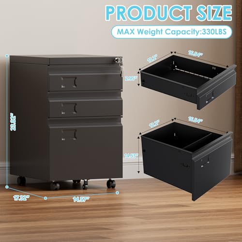 Image of Aobabo 3 Drawer Metal File Cabinet with Lock and 5 Wheels, Black