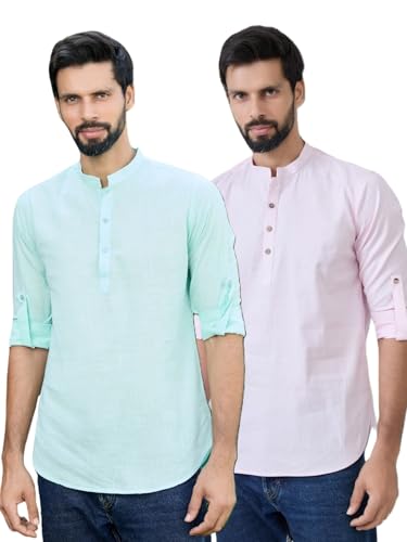 See Designs Men's Roll-Up Sleeve Mandarin Collar Deluxe Cotton Solid Short Kurta (Pack of 2) - Festive Collection