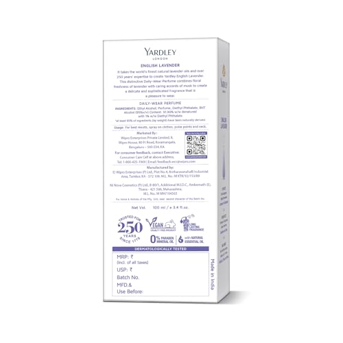 Image of Yardley London English Lavender Perfume for Women, 100ml - 90% Naturally Derived, Daily Wear Spray | Lavender & Musk Fragrance