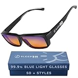 Sleep ZM 100% Blue Light Blocking Glasses for Women + Men - Better Sleep + Anti Eye Strain Protection - Computer Screens & Gaming - Black Fit over - 99.9% Night-time Amber Lens