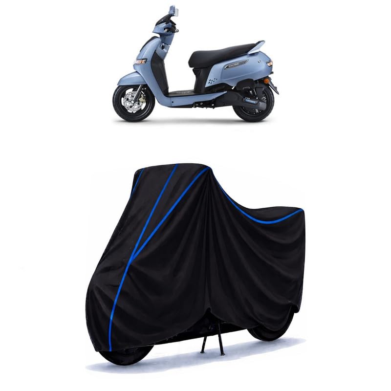 Image of Scooty Cover Water Resistant for iQube | Universal Scooter & Bike Cover | Heavy Duty UV Dust, Rain & Scratch Protection | Elastic Fit All Weather Indoor Outdoor | Black with Blue Piping