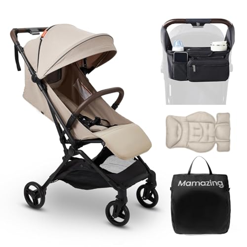 Image of MAMAZING Ultra Air Lightweight Baby Travel Stroller with Carbon Fiber Frame, Compact & Airplane-Friendly, One-Handed Fold, 11.6 lbs, Perfect for Toddlers, Organizer & Cushion Included, Simply Taupe