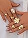 BUYITO Chunky Gold Rings for Women Trendy Statement Flower Knuckle Crystal Ring Stacked Opening Adjustable Prom Fashion Jewelry Accessories (6PCS Chunky Gold Rings)
