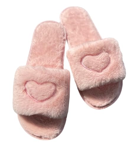Fluffy House Slippers Cute Heart Pattern Slides Slippers for Women Faux Fur Open Toe Slippers Indoor Slip-on Home Shoes