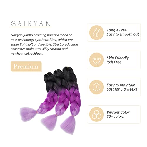 Gairyan Braiding Hair Extensions Ombre Jumbo Braids Synthetic Hair 3 Packs 24 inches 300g Coloured Hair for Braiding Extensions Box Braids Crochet Twist (Black-Purple-Light Purple) - Image 3