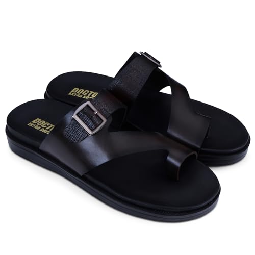Image of DOCTOR EXTRA SOFT Men's Classic Casual Original Leather Thong Black /Brown Sandals /Chappals with Memory Foam Cushion| Stylish & Non-Slip|Comfortable | Lightweight |Flip flops Slippers Gents & Boys F-1