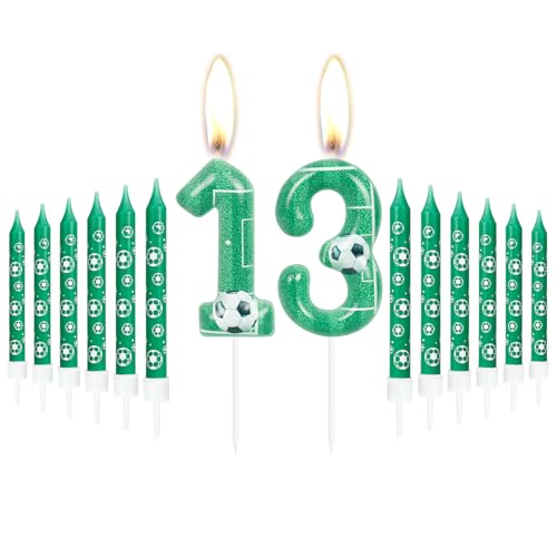 iNINGER Soccer Football 13th Birthday Candles,Theme Creative Smokeless Number 13 Birthday Cake Candles for Kids Football Fans Players Anniversary Celebrations Supplies,Boys Cute Birthday Candles