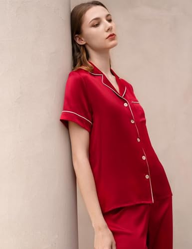 Image of SWOMOG Women Satin Pajamas Set Short Sleeve Top & Pants Sleepwear Silky Button Down Nightwear 2pcs Loungewear Pjs Set
