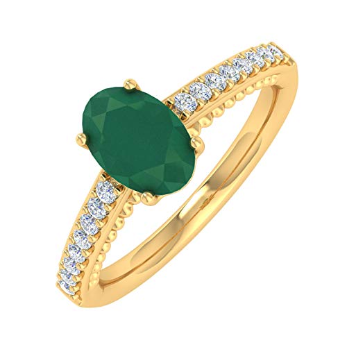FINEROCK 1 Carat Oval Shape Emerald and Round Diamond Solitaire Engagement Ring in 10K Gold
