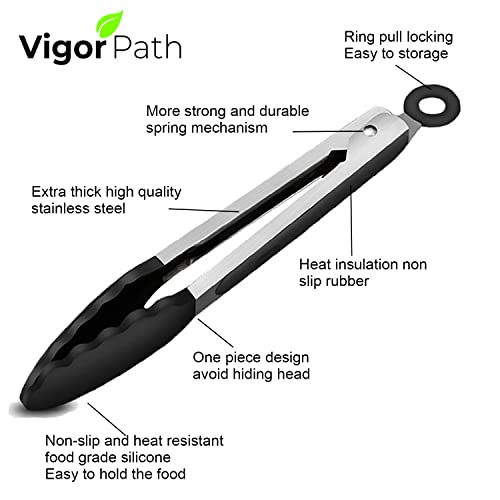 2-Pack of 9\" (Small) & 12\" (Large) Kitchen Tongs Set: Non-Stick Silicone-Stainless Steel Cooking Tongs, BPA Free, Heat Resistant (480°F) - Non-Slip Grip & Locking Metal Food Tongs (Black) - Thumbnail 6