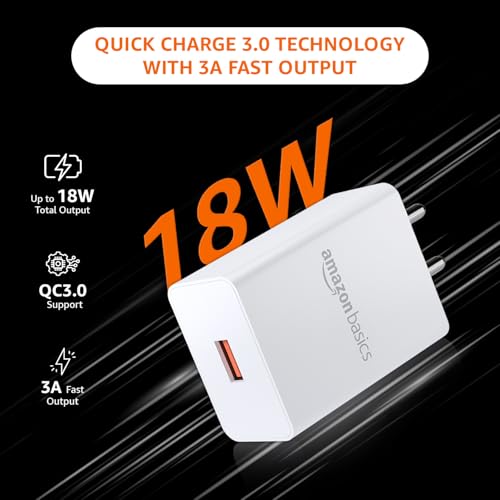 Image of Amazon Basics 18W Quick Charge 3.0 Wall Charger | USB Port | BIS Certified | Fast Mobile Charger for Android, TWS, Headphones & Power Banks, White