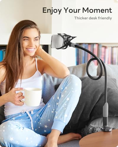Image of SAIJI Gooseneck Bed Phone Holder, Flexible Long Arm Phone Mount for Desk, Clip Bracket Clamp Stand, iPhone Stand, Mobile Cell Phone Stand Document Camera Nintendo Switch (Black) | 33.4 inch iPhone Stand, Mobile Cell Phone Stand for iPhone Air 17 Pro Max, 16 15 14 Pro Max and 4-7 inch Phone