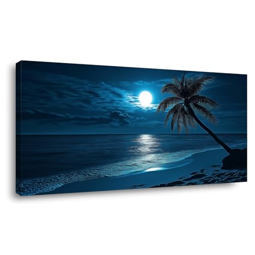 Plage au clair de lune et palmiers grand tableau mural