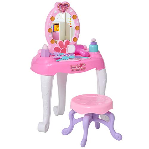 Preisvergleich Produktbild HOMCOM Kinderschminktisch Frisiertisch mit Hocker 7 Musikstücke Licht Mädchen Kosmetik Spiegel Rosa 35x20x59,5 cm