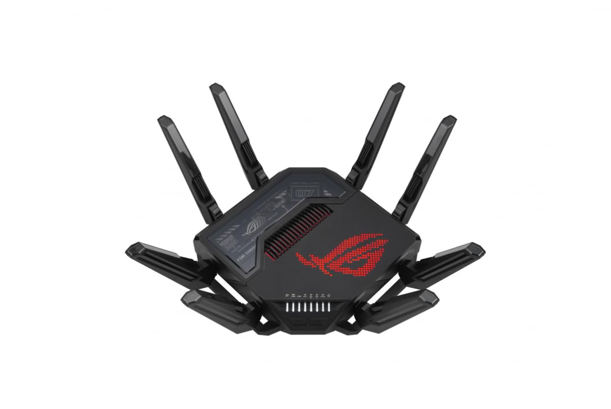 ASUSROG Rapture GT-BE98 Quad-band WiFi 7 AiMesh Extendable Gaming Router, 25Gbps, 320MHz, 4K-QAM, Dual 10G Ports, Quad 2.5G Ports, VPNs, 4G LTE/5G Mobile Tethering - Black