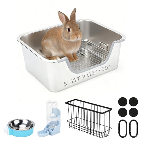 YUEPET 4-in-1 Large Rabbit Litter Box Non-Slip Stainless Steel Litter Boxes with Sifting Grid & Hay Feeder Food Bowl Easy Cleaning Bunny Litter Box with Odor Control for Rabbits Small PetsS