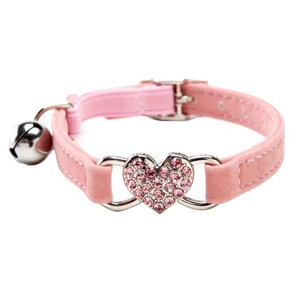 BINGPET BA3009 Soft Velvet Safe Cat Adjustable Collar with Crystal Heart Charm and Bells, Pink