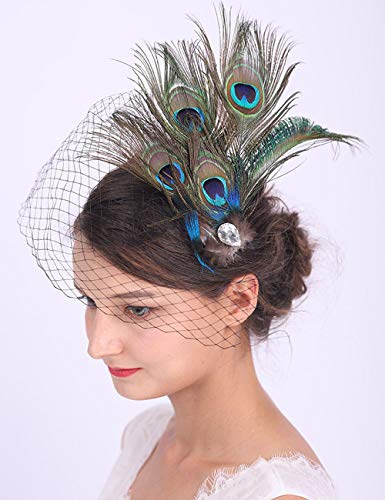 Anglacesmade Pinza para el pelo con velo negro, plumas de pavo real,...