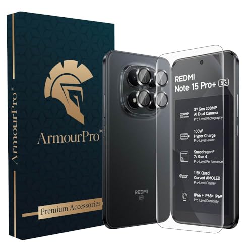 Image of ArmourPro UV Tempered Glass for Redmi Note 15 Pro Plus 5G with Black Camera Ring Guard Combo, Crystal Clear Screen Protector, Case Friendly, Anti-Scratch, Bubble-Free Installation Kit