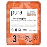 Pura Premium Eco-babyluiers Maat 3 (Midi 4-9 kg / 9-20 lbs) 1 pak van 33 luiers, EU Ecolabel gecertificeerd, gemaakt van biologisch katoen, tot 12 uur lekbescherming