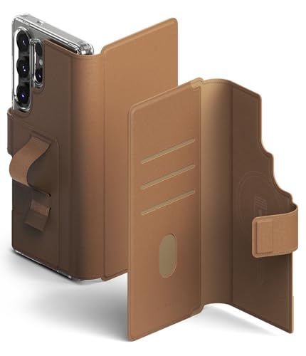 Image of Ringke Folio Wallet Magnetic for Samsung Galaxy S25 Ultra [Compatible with MagSafe Case] Detachable Slim PU Leather Grip Card Holder Wallet Flip Cover for Flat Back Magnetic Case - Brown