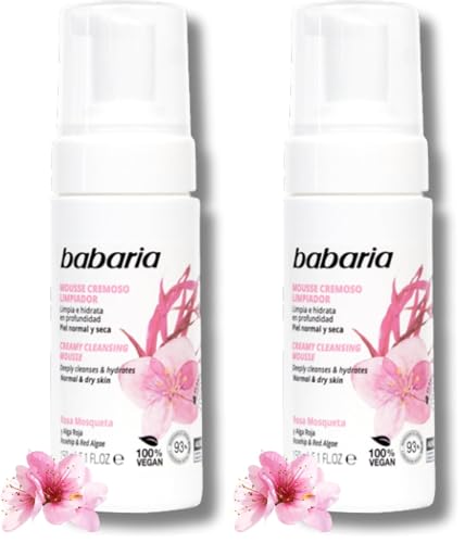 Babaria - Espuma Limpiadora Facial Con Rosa Mosqueta | Gel Limpiador Facial Y Hidratante | Doble Limpieza Facial 150ml | Jabon Facial Limpiador En Formato Mousse (Paquete de 2)