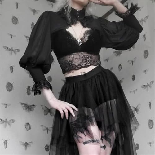 Image of Women Gothic Crop Top Shirt Y2K Black Bell Sleeve Shawl Cardigan