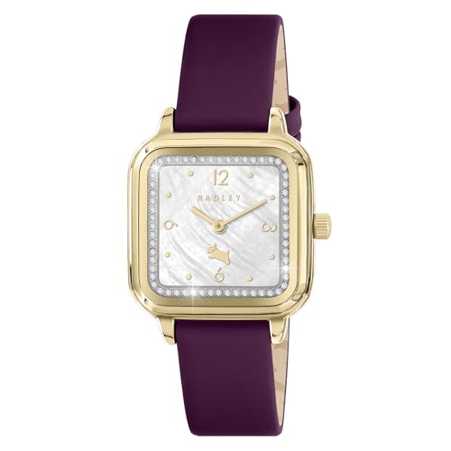RADLEY Womens Gold Plated Deep Purple Leather Strap Square Analogue Quartz Watch