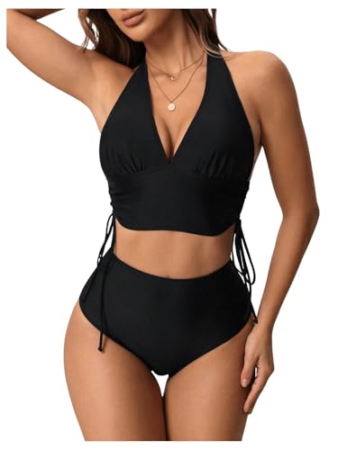 SweatyRocks Women's Drawstring Halter Bikini Set High Waisted 2 Piece Swimsuit Bathing Suit