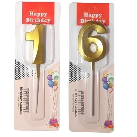 Image of ToyUniverse Number 16 Metallic Gold 3D Candle - Sixteenth Birthday, Anniversary, Surprise Party Cake Decoration (Pack of 2)