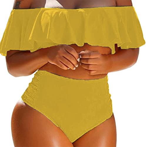 Bikini jaune grande taille XXL à volants et épaules dénudées pour plage