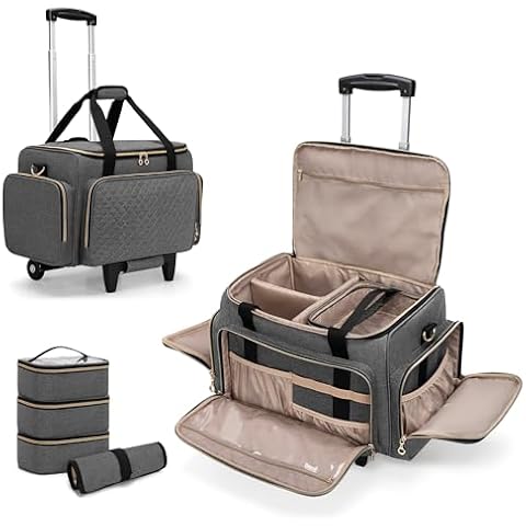 LUXJA Rolling Makeup Case with 3 Removable Pouches and 1 Makeup Brush Bag, Large Makeup Bag Cosmetic Bag with Detachable Dolly (Patented), Gray Cover