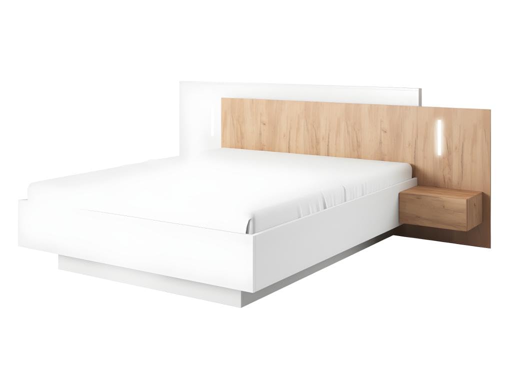 Vente-unique - Lit avec chevets 160 x 200 cm - 2 tiroirs - avec LEDs - Coloris : Blanc et Naturel + Sommier - FRANCOLI