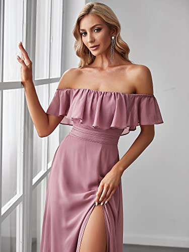 Image of Ever-Pretty Women's Summer Off The Shoulder Flowy Chiffon Formal Wedding Guest Dresses Maxi Side Split Beach Bridesmaid Dress