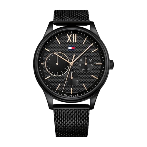 Tommy Hilfiger Herren-Multifunktions-Quarzuhr mit 44 mm - Schwarzes Zifferblatt mit Clou de Paris Muster, Schwarzes Edelstahl-Mesharmband, Wasserbeständig bis 5ATM - 1791420