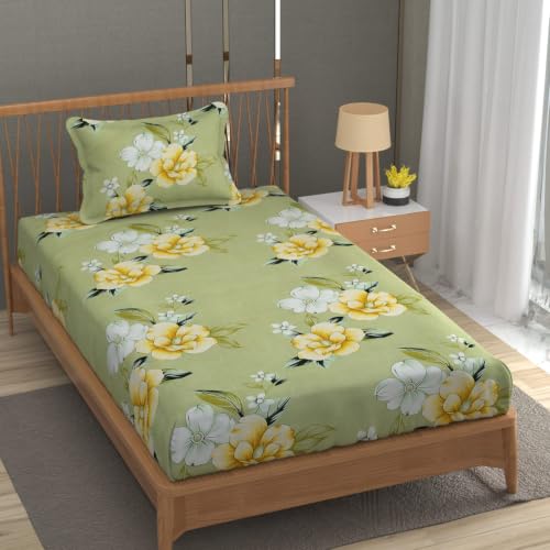 Image of Premium Heavy Cotton Elastic Fitted Bedsheets with 1 King Size Pillow Covers | Single Bed with All Around Elastic 350 TC | 36 x 78 x 6 Inch Single Size Fitted | - Light Green