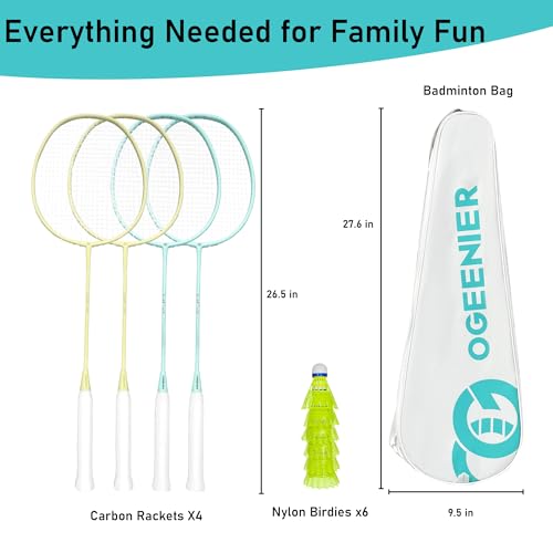 OGEENIER Badminton Rackets Set of 4 for Beginner, 4-Player Badminton Set with 4 Rackets+6 Nylon Badminton Birdies, Lightweight Badminton Racquet Sets for Backyards - Thumbnail 3