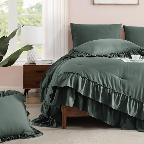 Image of Full Size Comforter Set Forest Green Ruffle 7 Pieces Farmhouse Bed in a Bag | Shabby Chic Fluffy All Season Bedding Sets with Sheets, Pillowcases & Shams