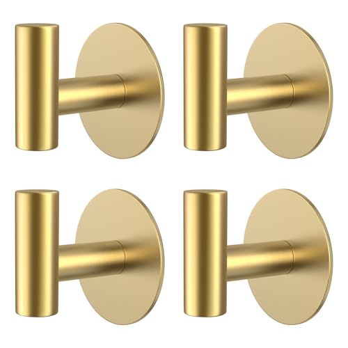Image of Gold Stainless Steel Wall Hooks, Heavy Duty Self-Adhesive Hooks for Coats, Towels, Robes, Hats, Aprons - No Drill Bathroom, Kitchen, Hotel (4 Pack)