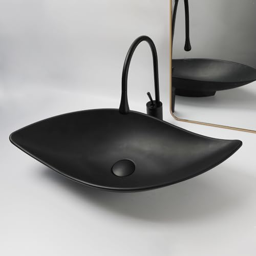HM HomeMieco Fregadero ovalado de resina de piedra de 26 x 13 pulgadas con drenaje para baño sobre encimera (negro)