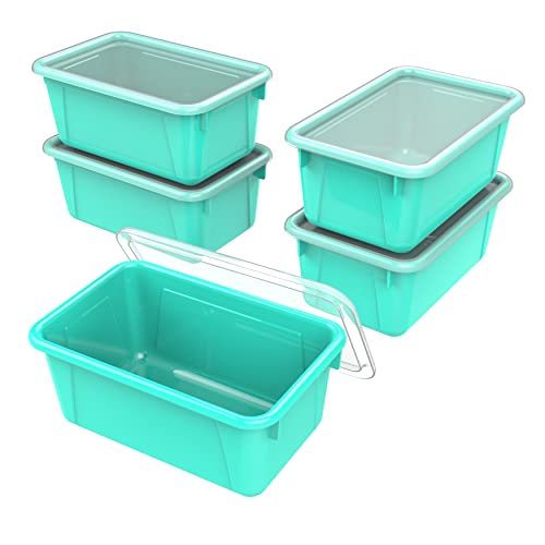 Image of Storex Small Cubby Bins - Plastic Storage Containers for Classroom with Non-Snap Lid, 12.2 x 7.8 x 5.1 inches, Teal, (62412U05C) (Pack of 5)