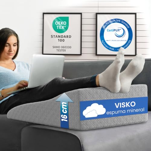 ELONEO Almohada de Piernas - Cojín de Soporte en Cuña para Cama con Espuma Viscoelástica, Elevador para Piernas Cansadas, Funda Jacquard Lavable, 68x40x16 cm, Gris