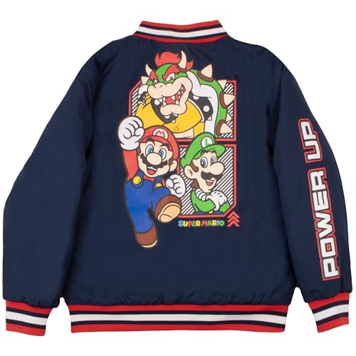 Nintendo Super Mario Bros Boys Varsity Bomber Jackets Zip-Up Mario Luigi and Bowser Graphic Print Jacket for Kids Casual Fashion Coats (Dark Blue Size 8)2