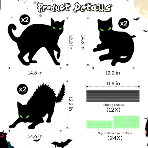 Pzmlu Halloween Decorations Outdoor - 6 Pack Corrugated Plastic Black Cat Decor with Stakes, Glow in The Dark Eyes Scary Silhouette Yard Signs の商品画像 2