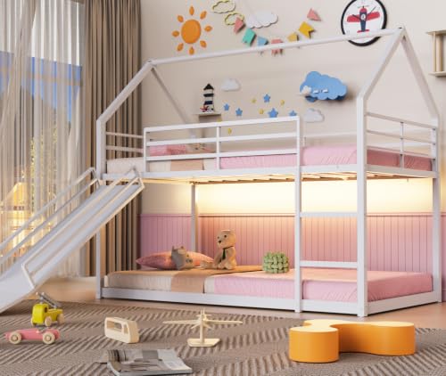 Twin Over Twin Bunk Bed with Slide 40 Gentle-Slope & LED Light White