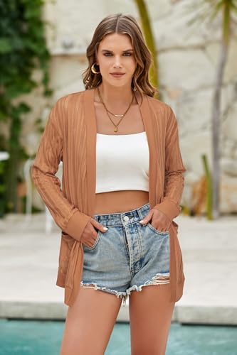 Image of STYLEWORD Women's 2026 Summer Fashion Cardigan Lightweight Boho Knit Hollow Beach Cover Up Kimonos Open Front with Pockets